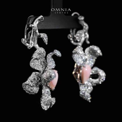 Omina Iman Pink Coral Leaf Earrings in 925 Silver with High Quality Simulated Diamond Stones - Image 2