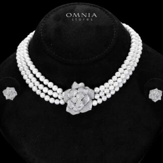 Omnia Nazira Silver Pearl Necklace and Flower Earrings in 925 Silver Accessories High Quality Simulated Diamonds
