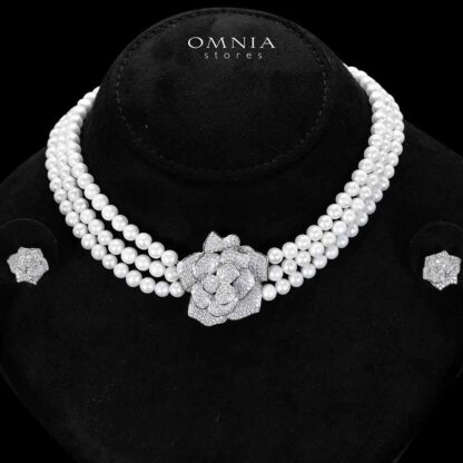 Omnia Nazira Silver Pearl Necklace and Flower Earrings in 925 Silver Accessories High Quality Simulated Diamonds