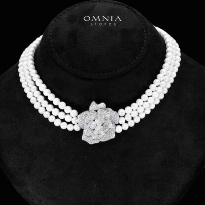 Omnia Nazira Silver Pearl Necklace and Flower Earrings in 925 Silver Accessories High Quality Simulated Diamonds - Image 2