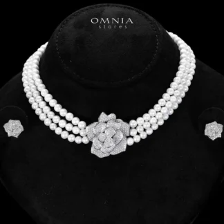 Omnia Nazira Silver Pearl Necklace and Flower Earrings in 925 Silver Accessories High Quality Simulated Diamonds