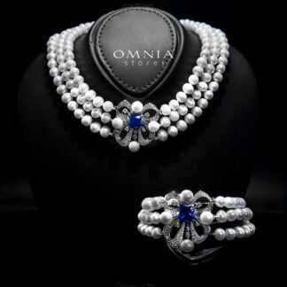 Mahboobeh Blue Pearl Necklace and Bracelet Set in 925 Silver with High Quality Simulated Diamonds