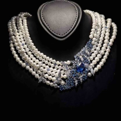 Omnia Blue Butterfly Pearl Necklace and Bracelet Set in 92.5 Silver with High Quality Simulated Diamonds - Image 2