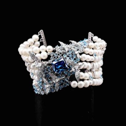 Omnia Blue Butterfly Pearl Necklace and Bracelet Set in 92.5 Silver with High Quality Simulated Diamonds - Image 4