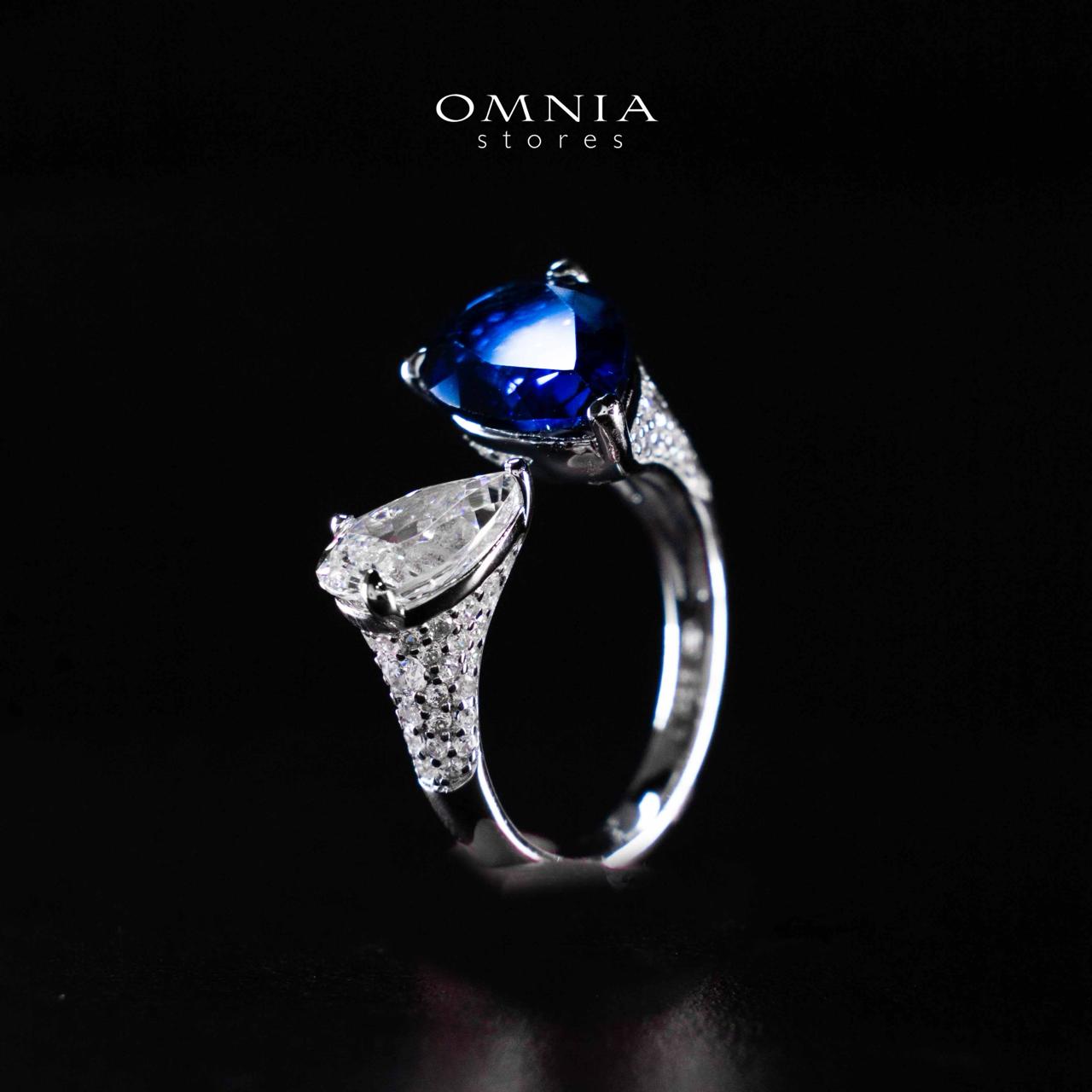 Omnia Ayda Dual Heart Blue and White Silver Ring In 925 Silver High Quality Certified Lab Crafted Stones