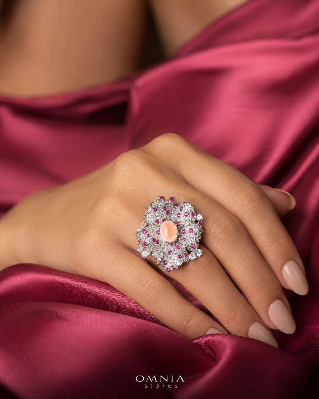 Omina Najiba Pink Coral Flower Ring in 925 Silver with High Quality Simulated Diamonds - Image 4