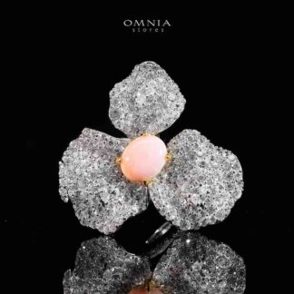 Omnia Lubaina Pink Coral Flower Ring in 925 Silver Accessories High Quality Simulated Diamonds