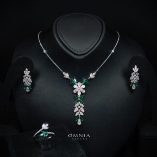 Omnia Leyla Luxury White & Green Necklace, Earrings & Ring Set in High Quality Zircon Stone Rhodium Plated
