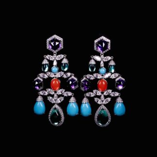Omnia Raniya Chandelier Multi Color Silver Drop Earrings In 925 Silver High Quality Certified Lab Crafted Stones