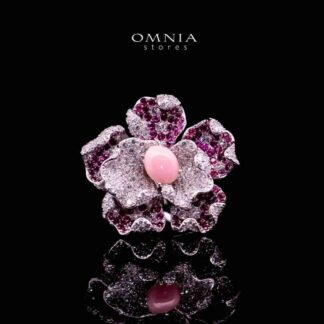 Omnia Sufiya Pink Coral Flower Silver Ring in 925 Silver High Quality Simulated Diamonds Stones