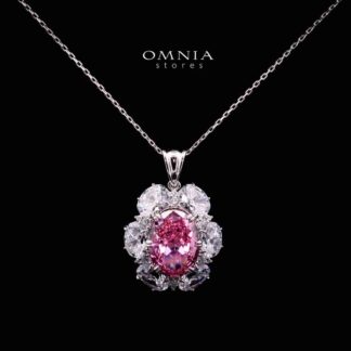 Omnia Beeta Pink and White Flower Silver Necklace in 925 Silver High Quality Simulated Diamonds Stones
