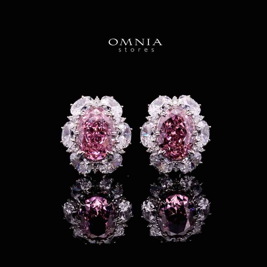 Omnia Beeta Pink and White Flower Silver Clip Earrings in 925 Silver High Quality Simulated Diamonds Stones