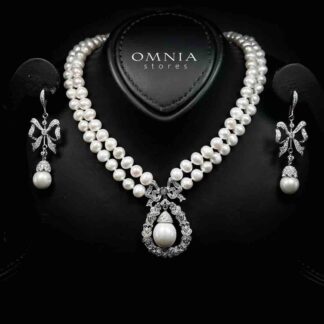 Omnia Aneera Fresh Water Pearl Necklace and Earrings Set with 925 Silver High Quality Simulated Diamonds Stones