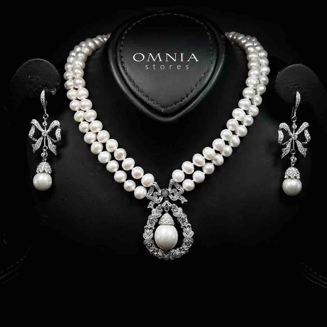 Omnia Aneera Fresh Water Pearl Necklace and Earrings Set with 925 Silver High Quality Simulated Diamonds Stones