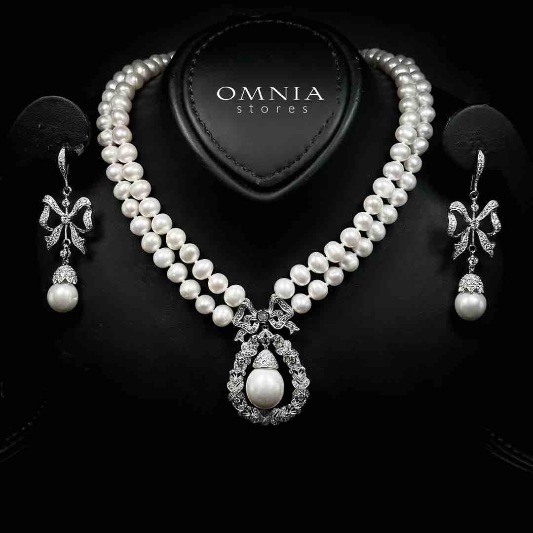 Omnia Aneera Fresh Water Pearl Necklace and Earrings Set with 925 Silver High Quality Simulated Diamonds Stones - Image 2