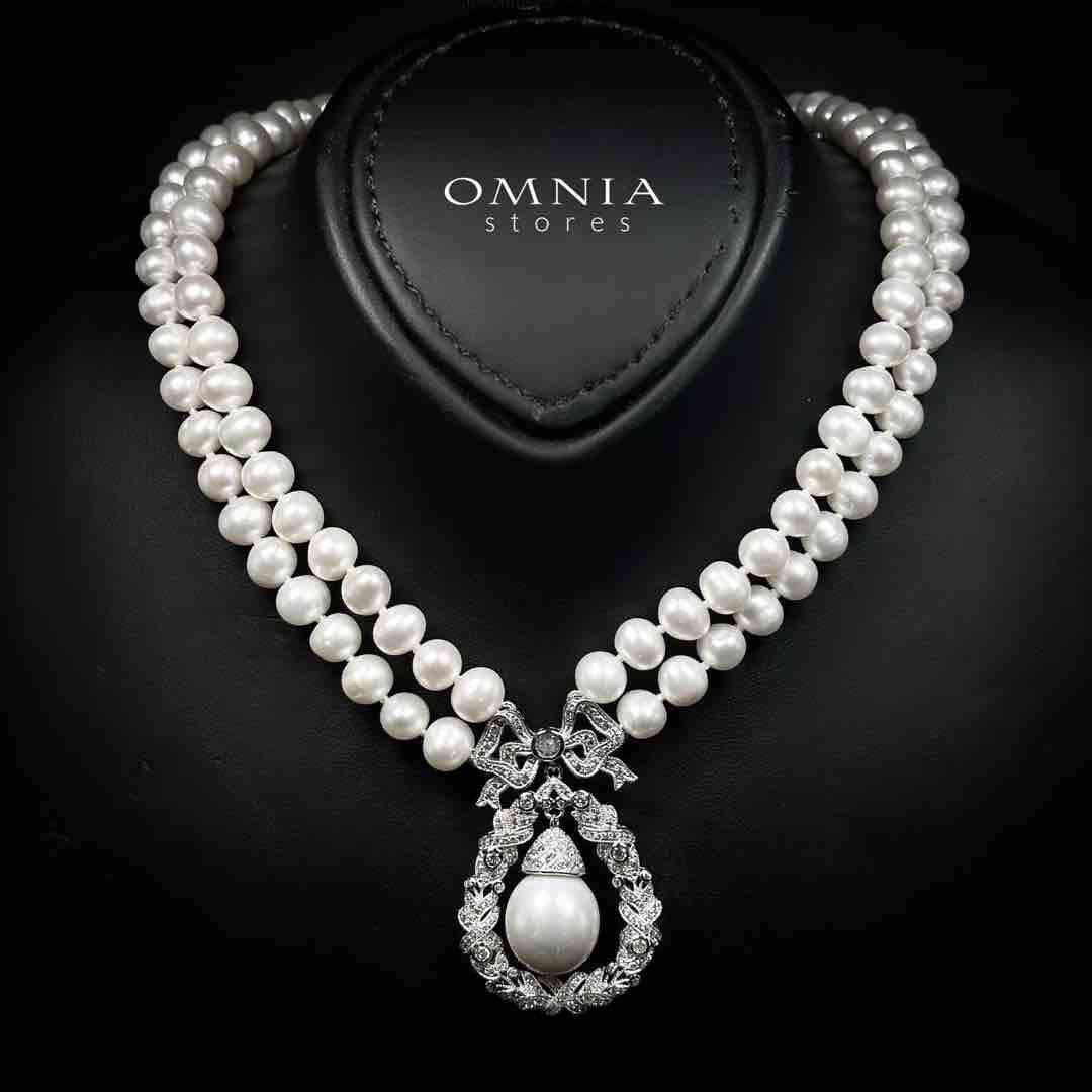 Omnia Aneera Fresh Water Pearl Necklace and Earrings Set with 925 Silver High Quality Simulated Diamonds Stones - Image 3