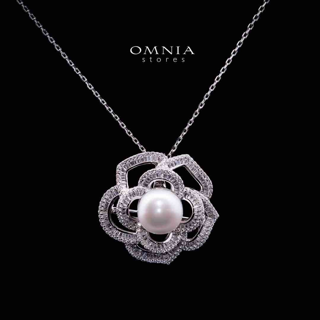 Omnia Almaz Flower Fresh Water Pearl Silver Pendant Necklace with 925 Silver High Quality Simulated Diamonds Stones - Image 2