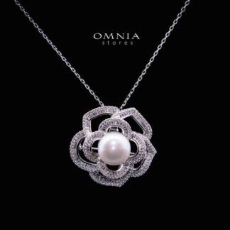 Omnia Almaz Flower Fresh Water Pearl Silver Pendant Necklace with 925 Silver High Quality Simulated Diamonds Stones