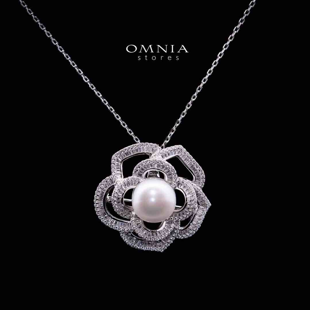 Omnia Almaz Flower Fresh Water Pearl Silver Pendant Necklace with 925 Silver High Quality Simulated Diamonds Stones