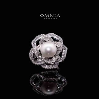 Omnia Almaz Flower Fresh Water Pearl Silver Ring with 925 Silver High Quality Simulated Diamonds Stones