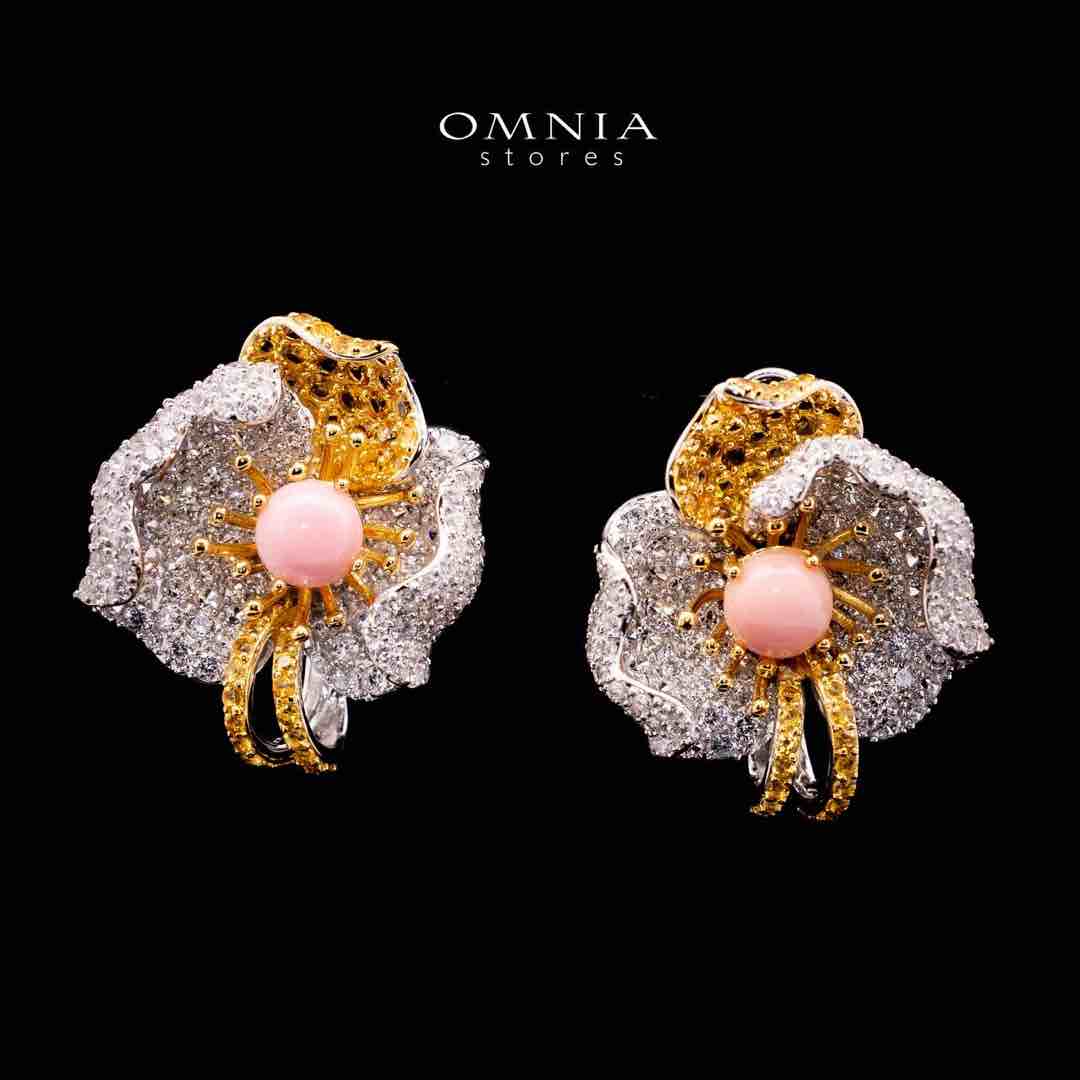 Omnia Sanaa Pink Coral White and Gold Flower Silver Earrings in 925 Silver High Quality Simulated Diamonds Stones - Image 2