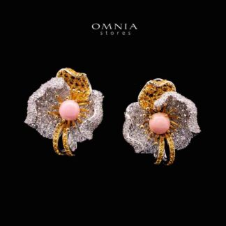 Omnia Sanaa Pink Coral White and Gold Flower Silver Earrings in 925 Silver High Quality Simulated Diamonds Stones
