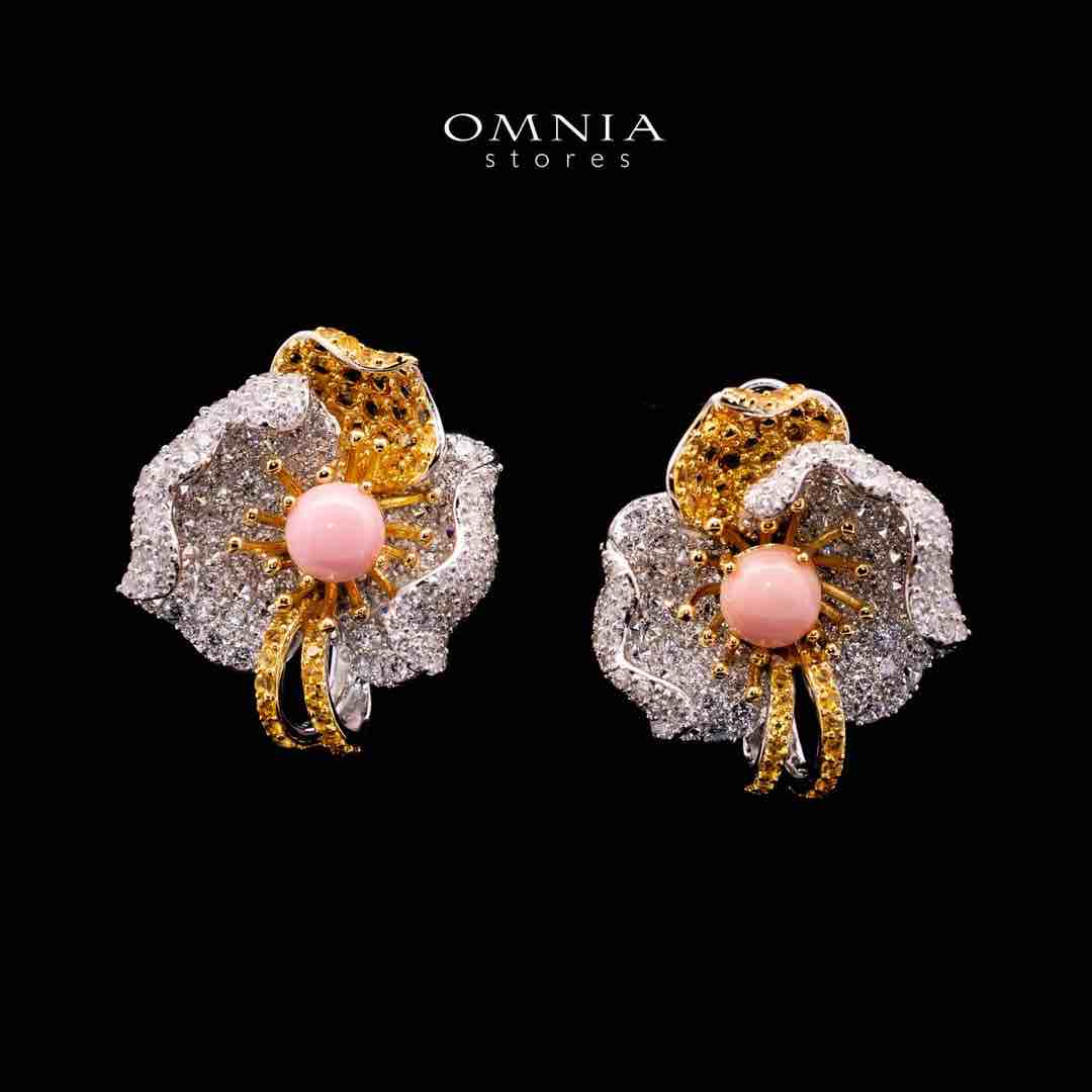 Omnia Sanaa Pink Coral White and Gold Flower Silver Earrings in 925 Silver High Quality Simulated Diamonds Stones