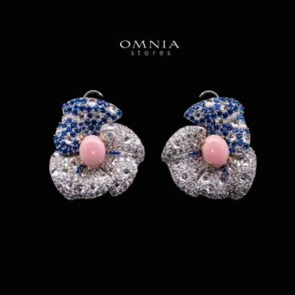 Omnia Suhad Pink Coral Flower Silver Earrings in 925 Silver High Quality White and Blue Simulated Diamond Stones
