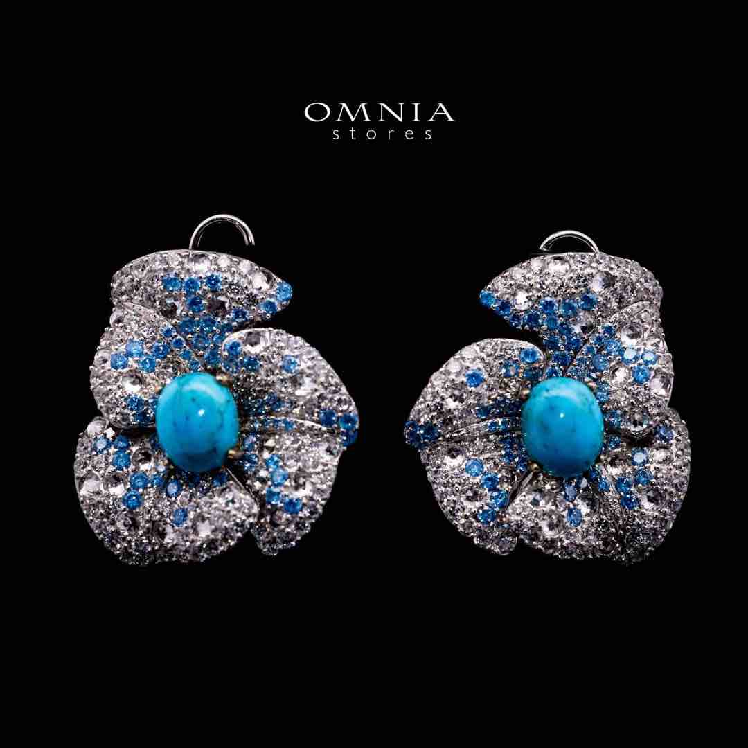 Omnia Suhad Sky Blue Coral Flower Silver Earrings in 925 Silver High Quality White and Sky Blue Simulated Diamond Stones