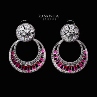 Omnia Hilf Red Silver Drop Earrings in 925 Silver High Quality White Simulated Diamond Stones