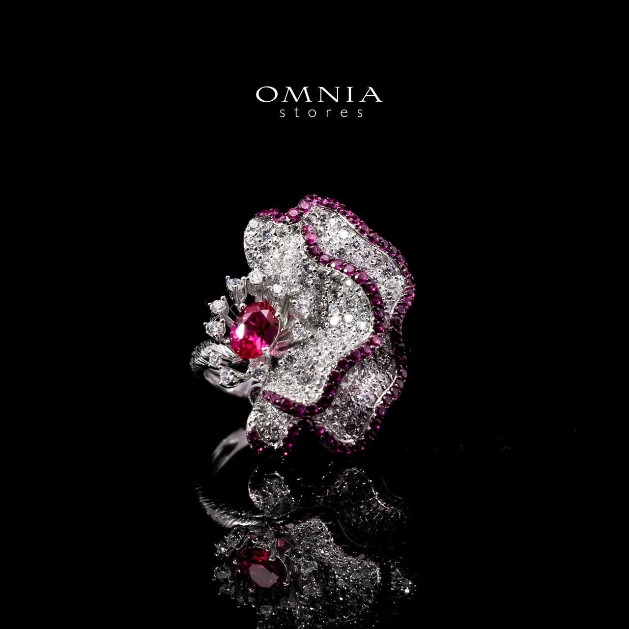 Omnia Ausa Red Flower Silver Drop Earrings in 925 Silver High Quality White and Maroon Simulated Diamond Stones