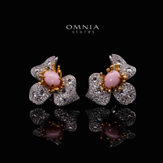 Omnia Ahram Pink Coral Flower Silver Drop Earrings in 925 Silver High Quality White Simulated Diamond Stones