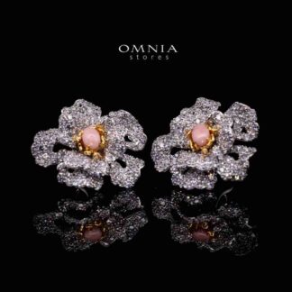 Omnia Sihab Pink Coral Flower Silver Clip Earrings in 925 Silver High Quality White Simulated Diamond Stones