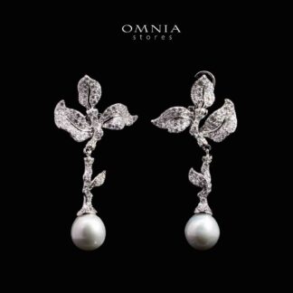 Omnia Eman Leaf Silver with Freash Real Pear Drop Earrings in 925 Silver High Quality White Simulated Diamond Stones