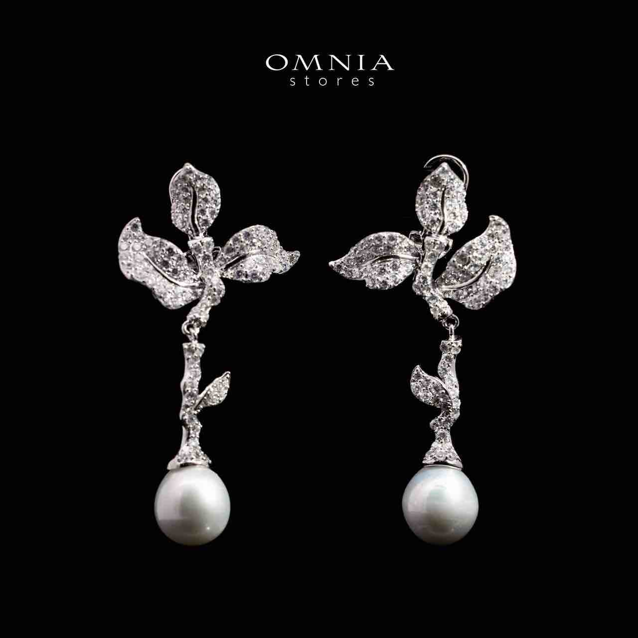Omnia Eman Leaf Silver with Freash Real Pear Drop Earrings in 925 Silver High Quality White Simulated Diamond Stones