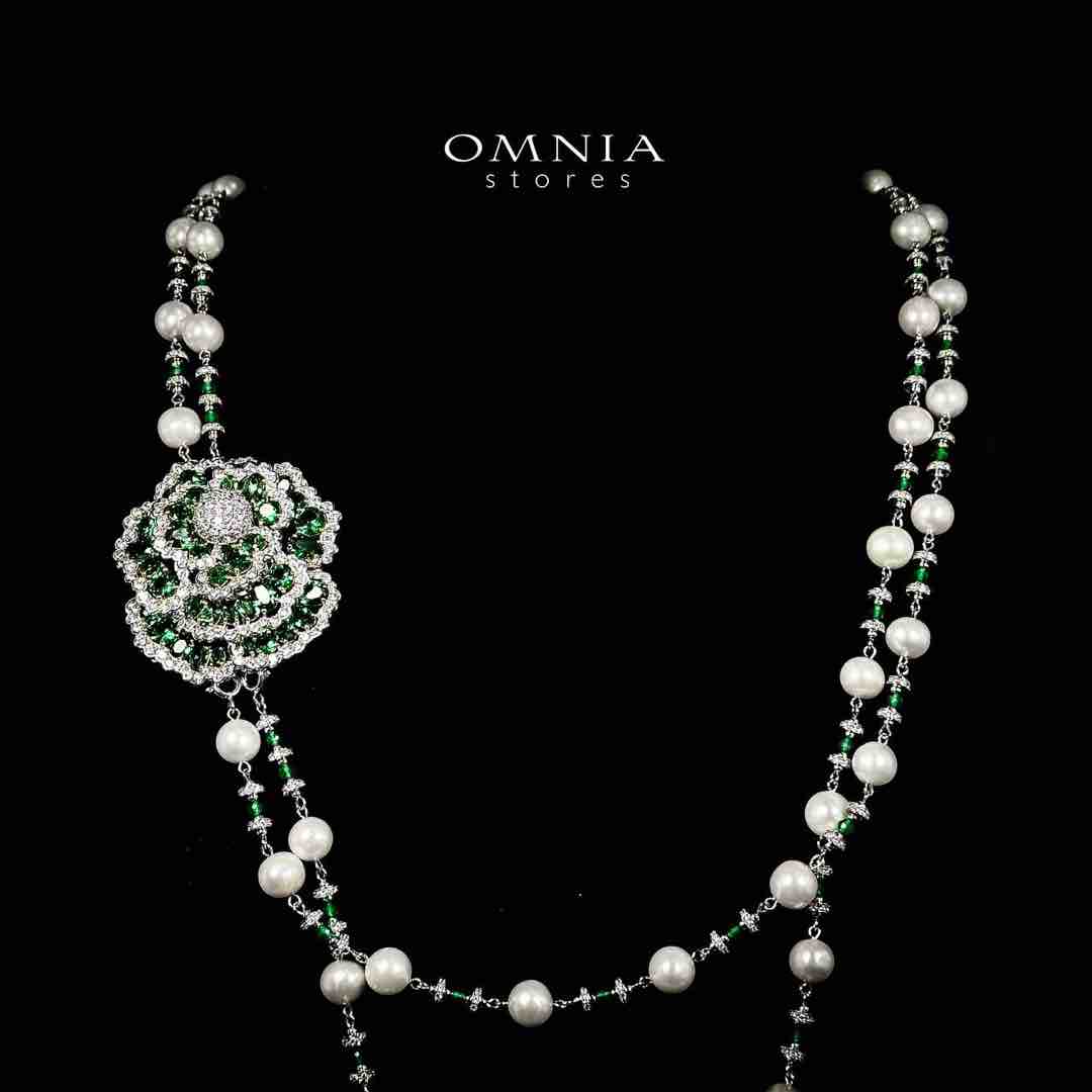 Omnia Nadia Green and White Silver with Real Fresh Pearl Long Chain Necklace in 925 Silver High Quality Simulated Diamond Stones - Image 2