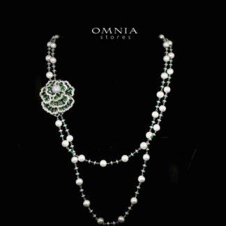 Omnia Nadia Green and White Silver with Real Fresh Pearl Long Chain Necklace in 925 Silver High Quality Simulated Diamond Stones