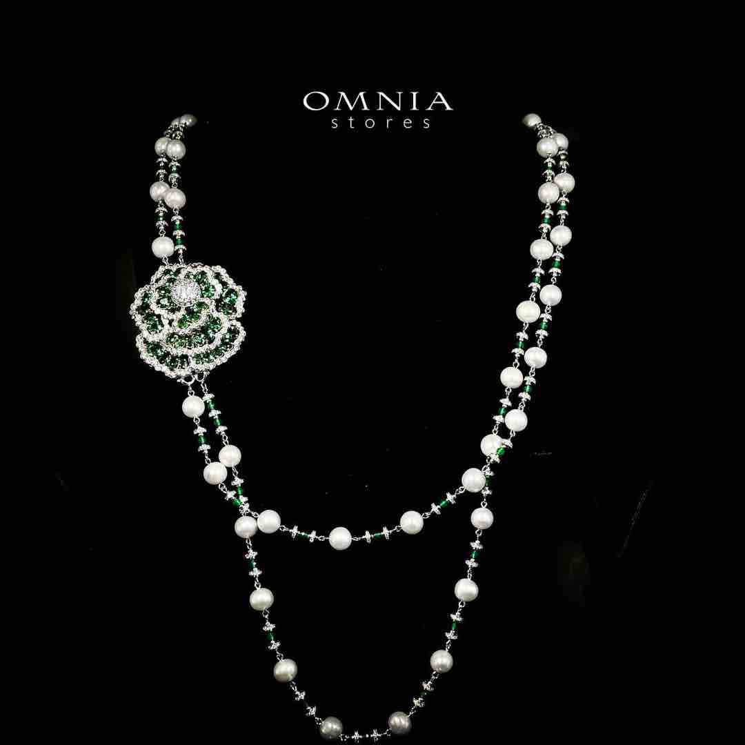 Omnia Nadia Green and White Silver with Real Fresh Pearl Long Chain Necklace in 925 Silver High Quality Simulated Diamond Stones