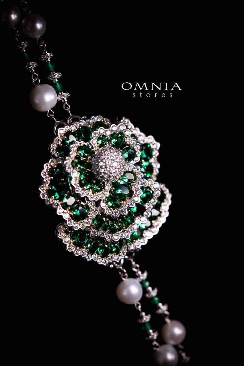 Omnia Nadia Green and White Silver with Real Fresh Pearl Long Chain Necklace in 925 Silver High Quality Simulated Diamond Stones - Image 3