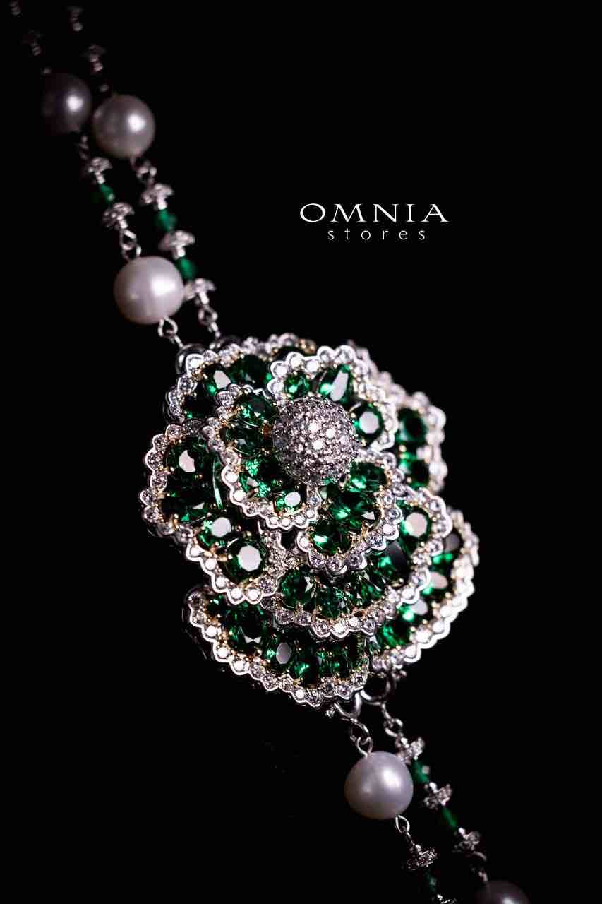 Omnia Nadia Green and White Silver with Real Fresh Pearl Long Chain Necklace in 925 Silver High Quality Simulated Diamond Stones - Image 4