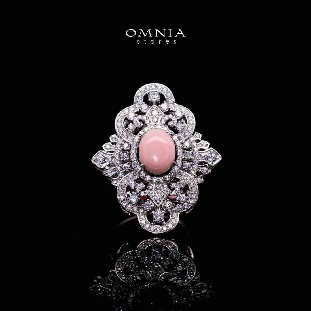 Omnia Bayan Pink Coral Silver Ring in 925 Silver with High Quality Simulated Diamonds