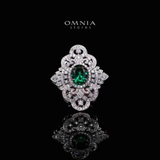 Omnia Bayan Green Silver Ring in 925 Silver with High Quality White Simulated Diamonds