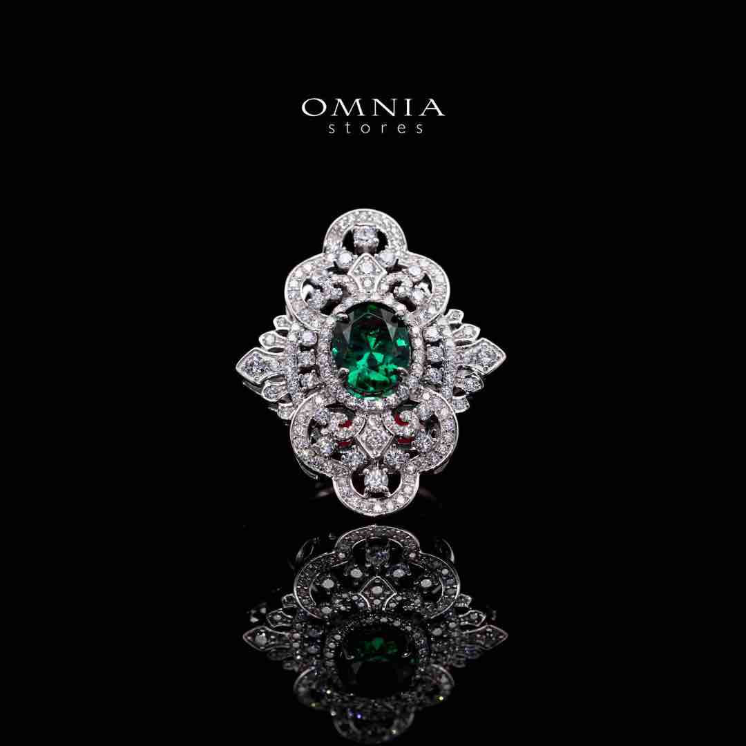Omnia Bayan Green Silver Ring in 925 Silver with High Quality White Simulated Diamonds