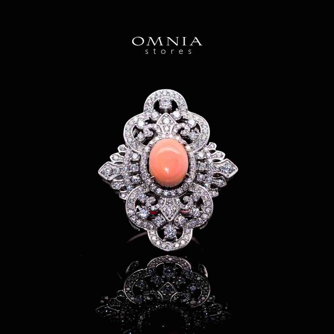 Omnia Bayan Orange Coral Silver Ring in 925 Silver with High Quality White Simulated Diamonds