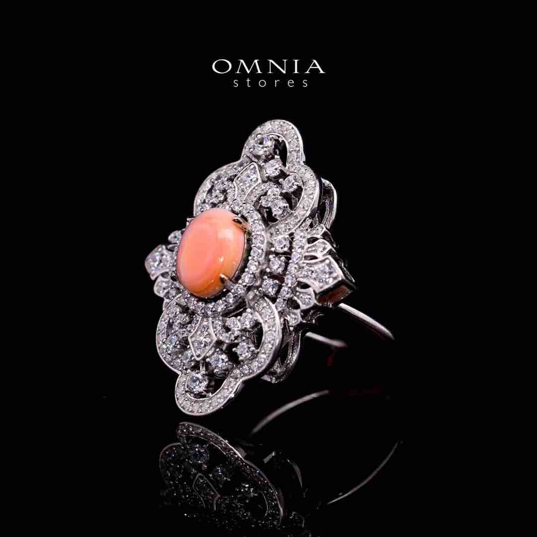 Omnia Bayan Orange Coral Silver Ring in 925 Silver with High Quality White Simulated Diamonds - Image 2