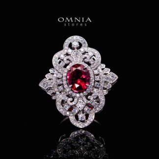 Omnia Bayan Red Coral Silver Ring in 925 Silver with High Quality White Simulated Diamonds