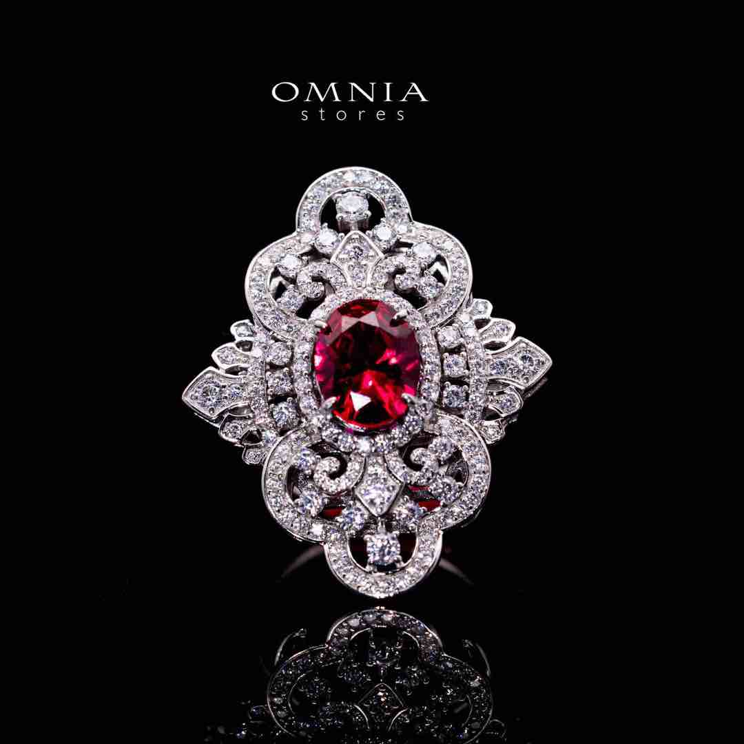 Omnia Bayan Red Coral Silver Ring in 925 Silver with High Quality White Simulated Diamonds