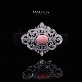 Omnia Bayan Pink Coral Leather Strap Bracelet in 925 Silver with High Quality Simulated Diamonds