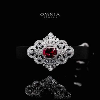 Omnia Bayan Red Leather Strap Bracelet in 925 Silver with High Quality Simulated Diamonds