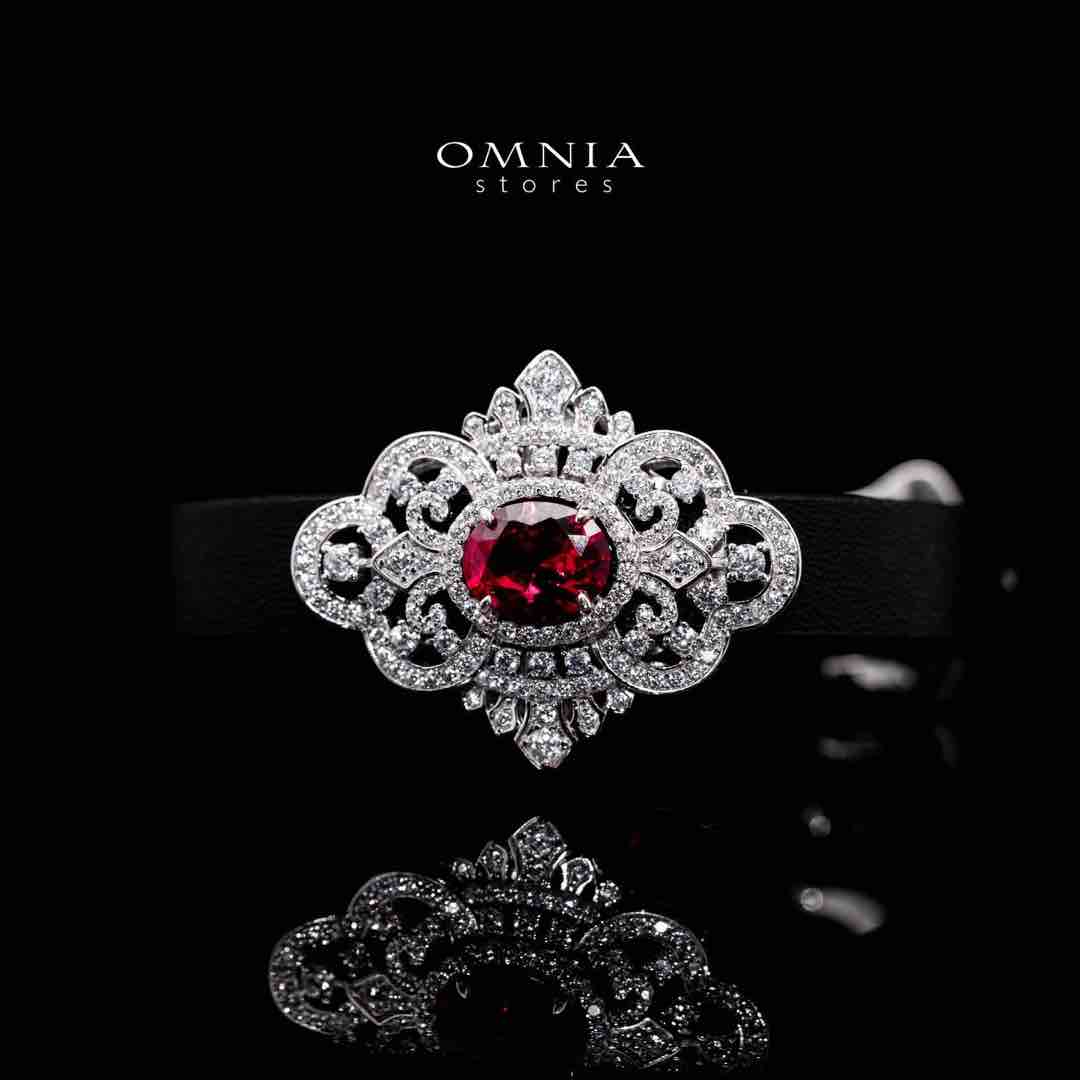 Omnia Bayan Red Leather Strap Bracelet in 925 Silver with High Quality Simulated Diamonds
